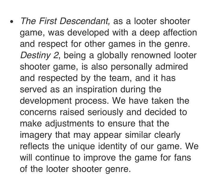 The developers of The First Descendant have acknowledged the similarity of a number of elements of their game to Destiny 2 and promised to fix all plagiarism-3
