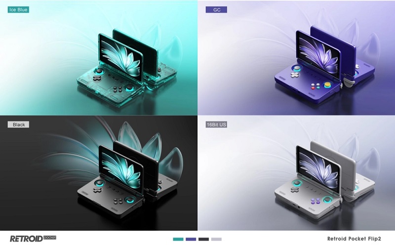 Image of different colours of the Retroid Pocket Flip 2 handheld console