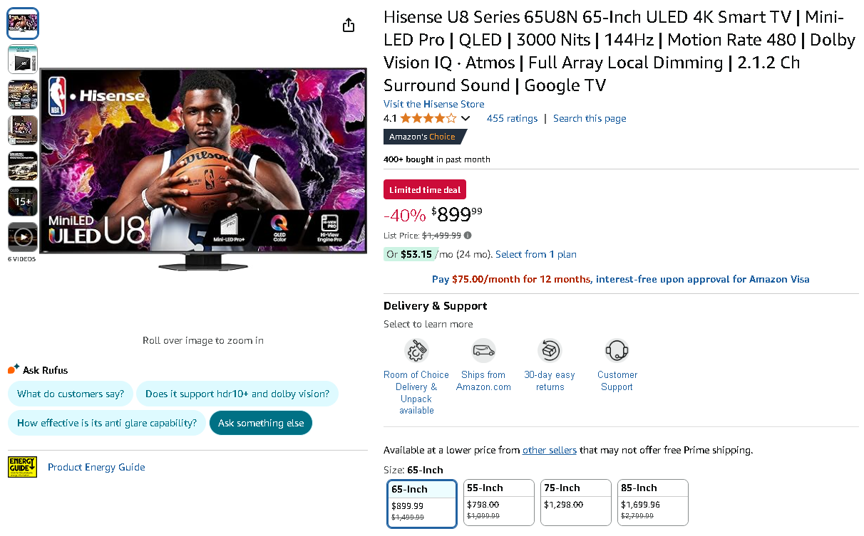 Screenshot of the Hisense U8N 65-Inch ULED 4K TV