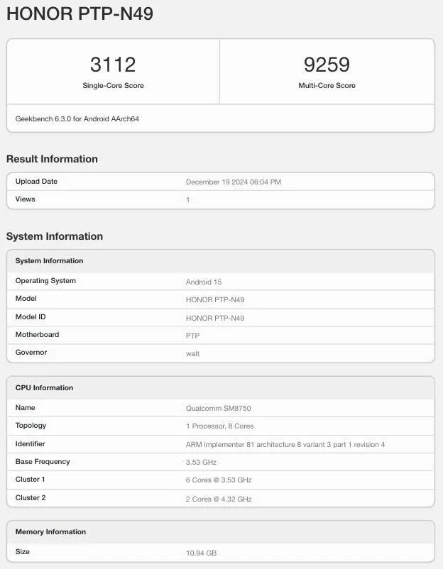 Résultats des tests de performance du HONOR Magic7 Pro. Source : Geekbench : Geekbench