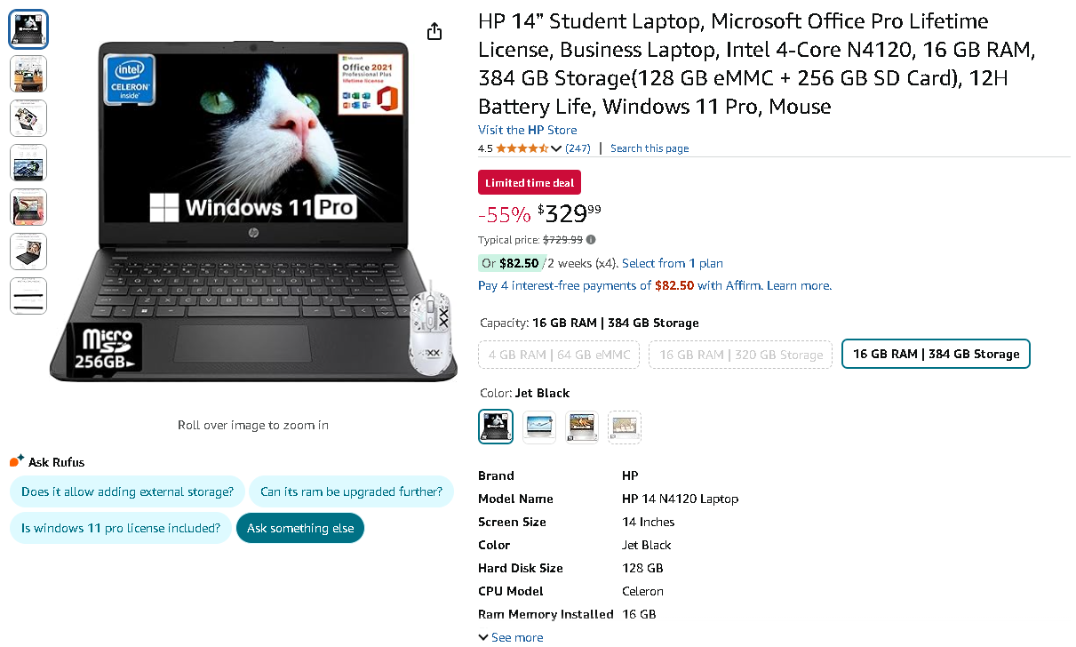 Screenshot of the HP 14-inch Student Laptop from Amazon