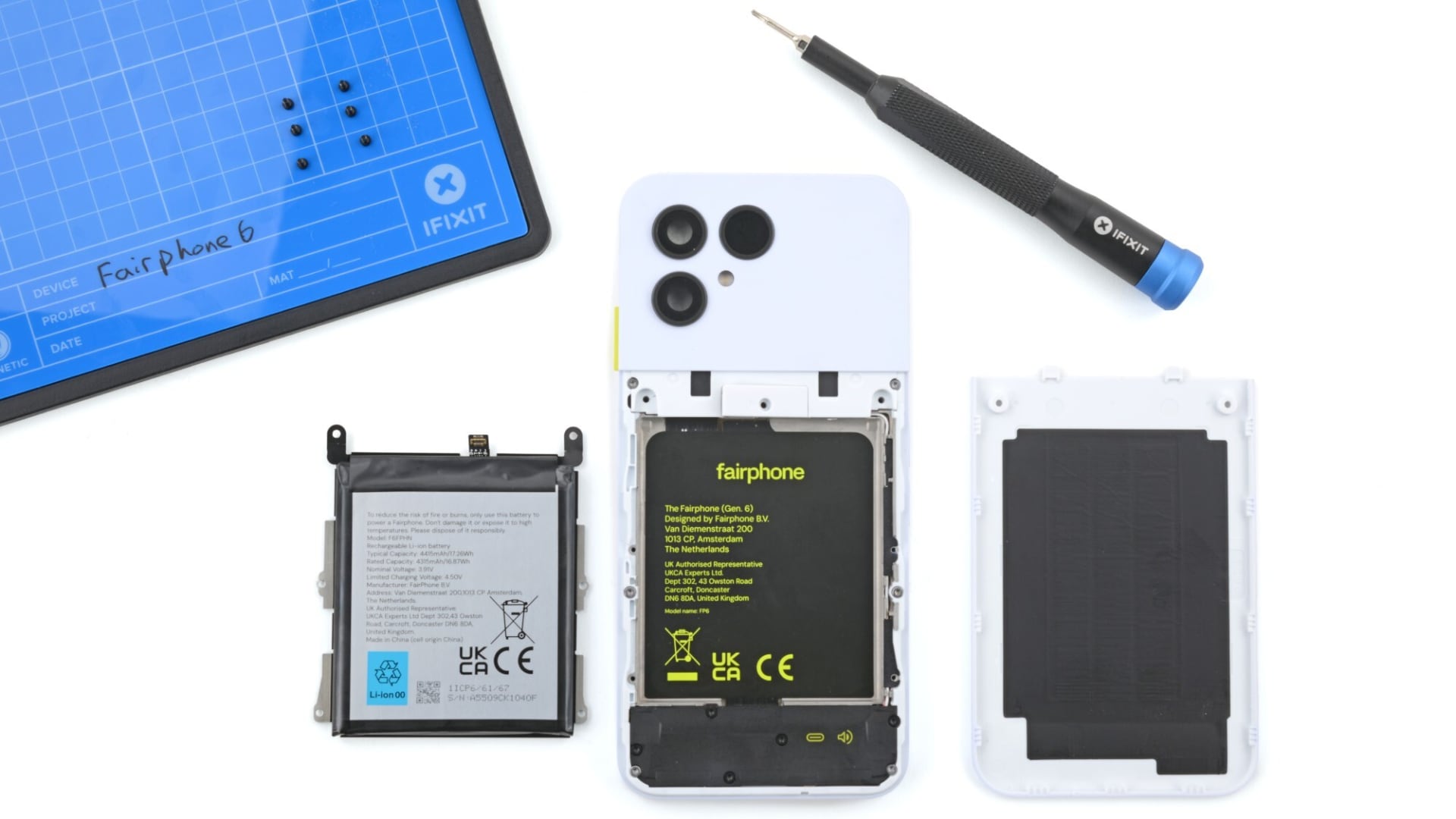 Ремонтопридатність Fairphone 6. Ілюстрація: iFixit