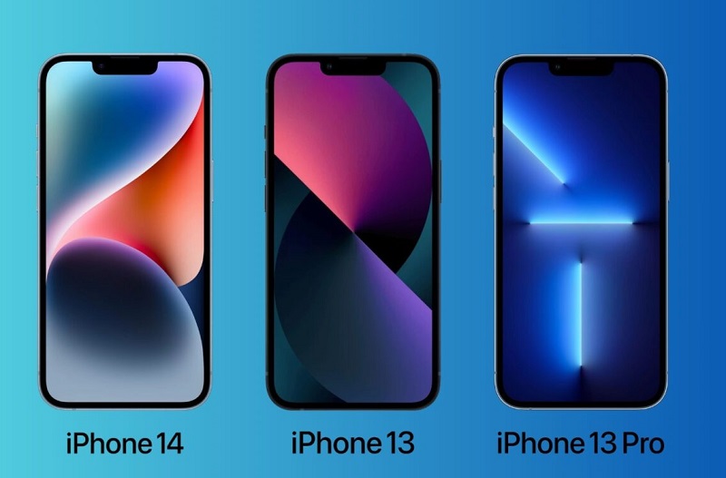 An illustration of the iPhone 14, 13 and 13 Pro with a notch cutout