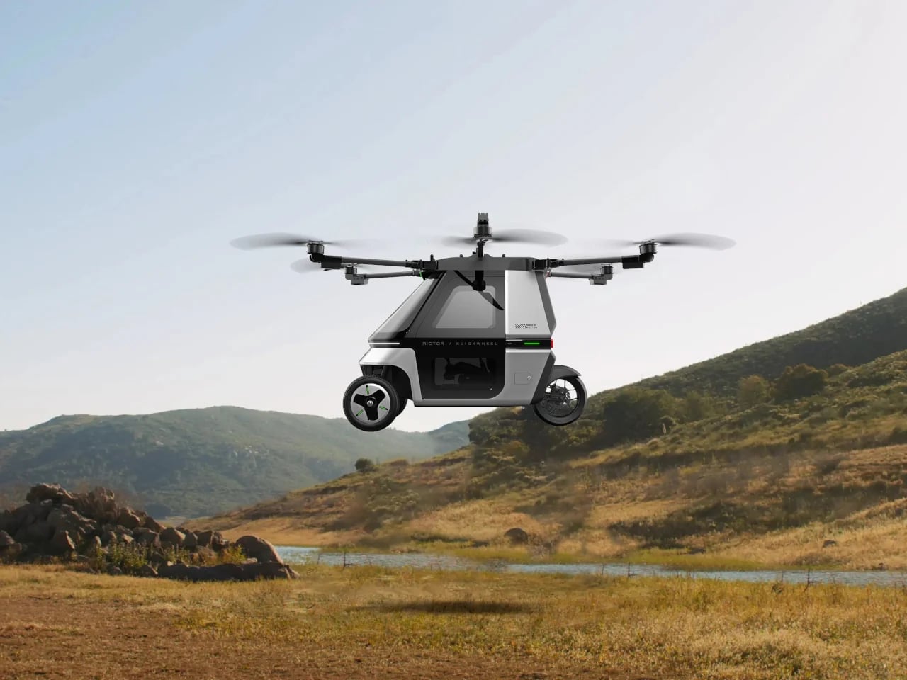 Літаючий мотоцикл Kuickwheel Skyrider X6 у повітрі