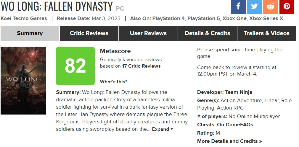Les amateurs de souls seront ravis : les critiques ont salué le jeu d'action et de rôle Wo Long : Fallen Dynasty du studio japonais Team Ninja.-2