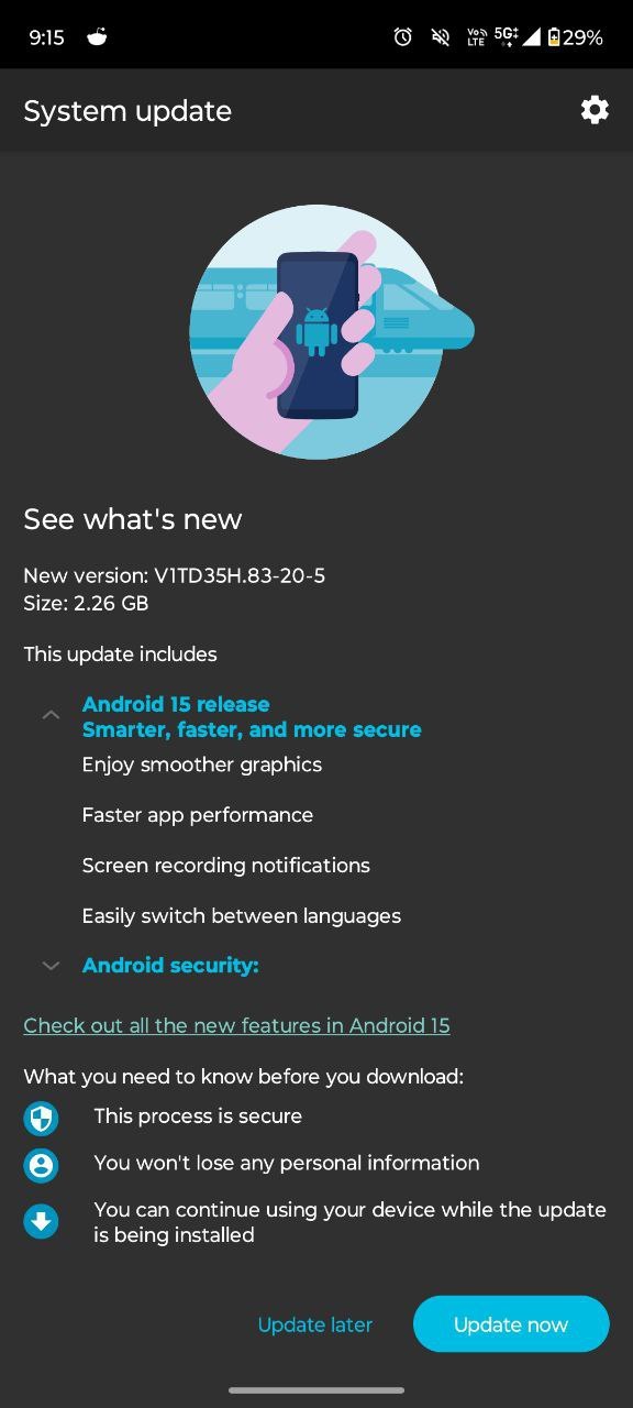 Screenshot of Moto G64 5G update to Android 15