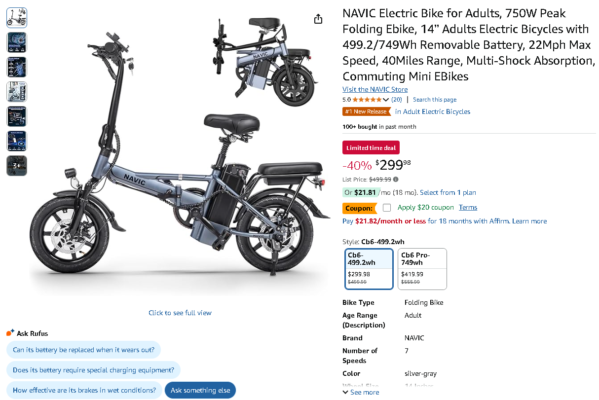 Screenshot of the NAVIC CB6. Source: Amazon NAVIC Electric Bike - Product Image