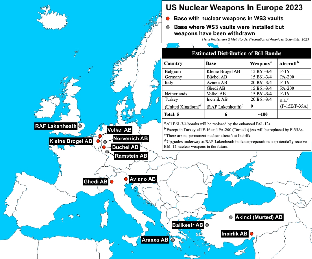 Airbases in Europe with US nuclear weapons