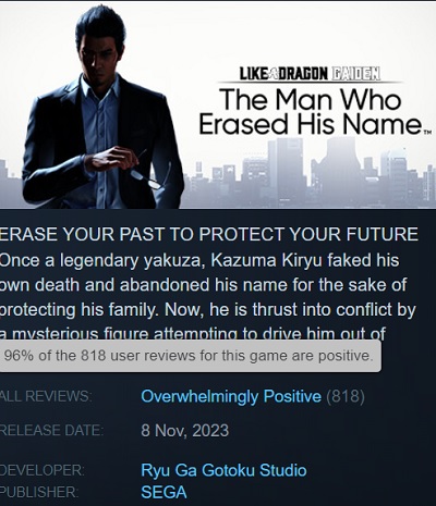 Користувачі Steam у захваті від кримінального екшену Like a Dragon Gaiden: The Man Who Erased His Name і залишають тільки позитивні відгуки про гру-3