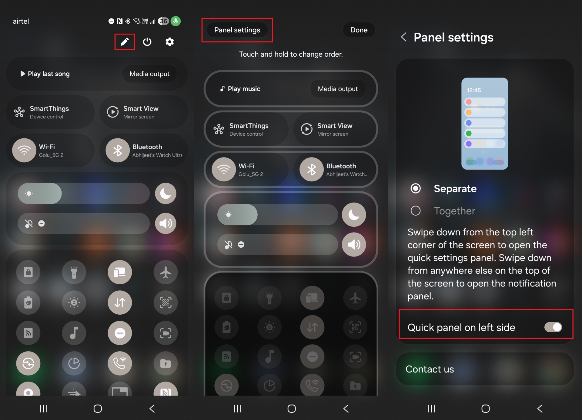 Instructions for activating the One UI 7 quick settings panel on the left side