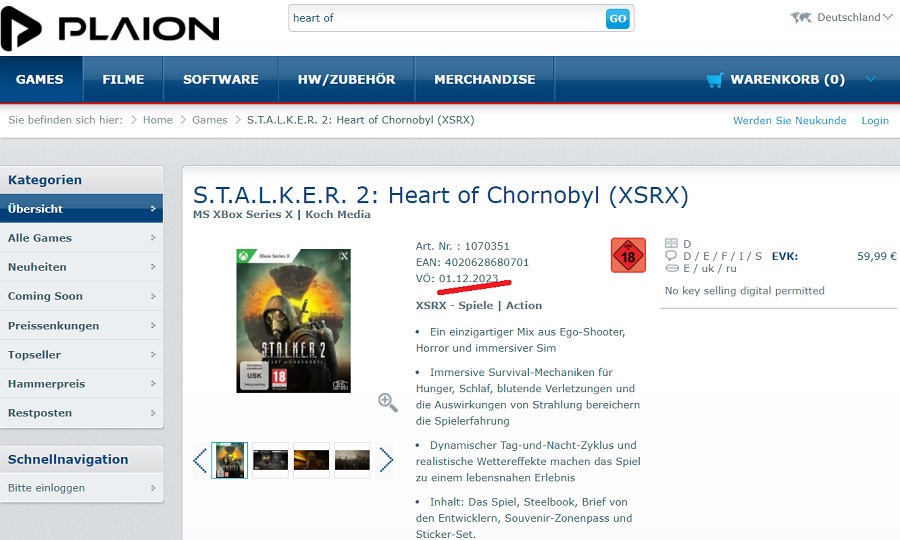 La sortie de S.T.A.L.K.E.R. 2 : Heart of Chornobyl pourrait avoir lieu le 1er décembre : l'une des boutiques en ligne sur la page du jeu a indiqué cette date.-2