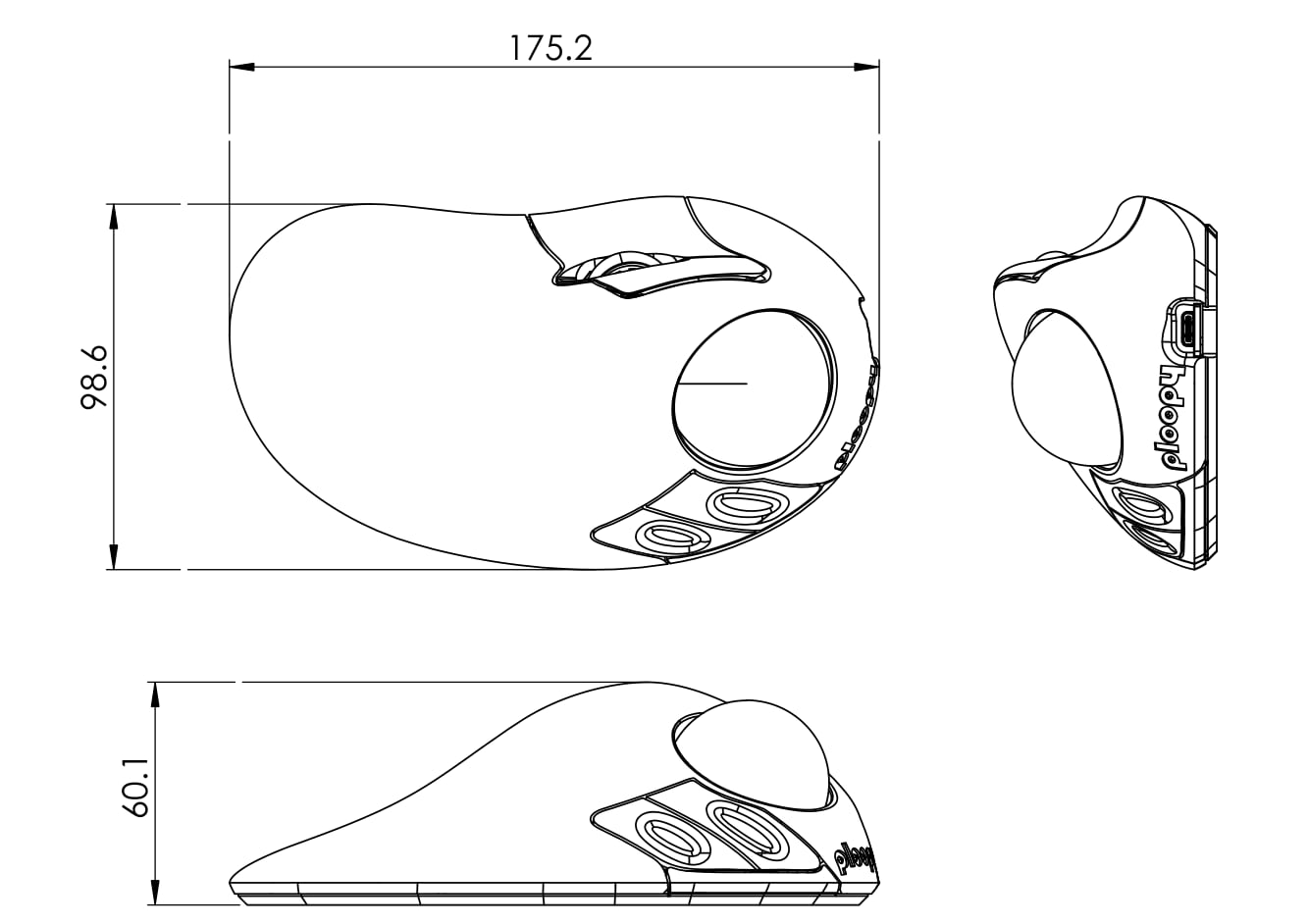 Dimensions of the Classic 2 trackball. Illustration: Ploopy