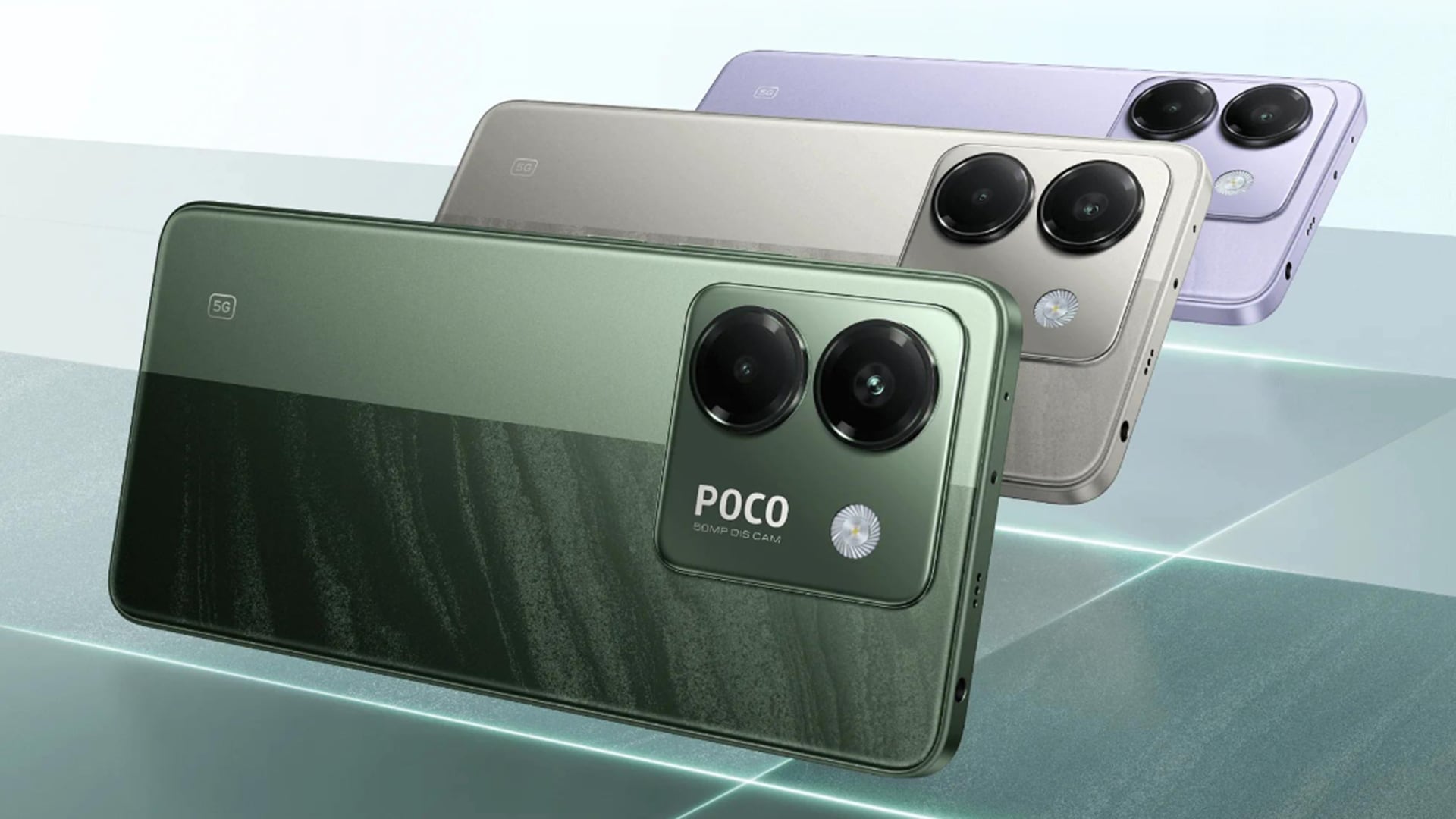 POCO M7 Pro 5G у срібному, зеленому та фіолетовому кольорах