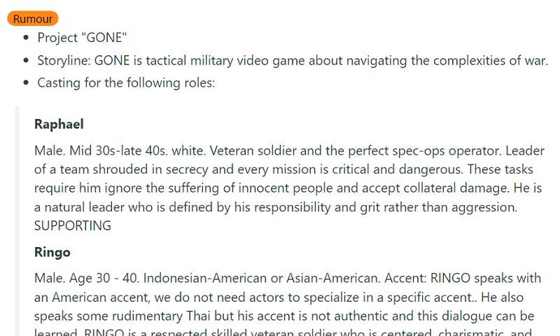 Ubisoft has announced casting for roles in a project with the working title Project Gone - all indications point to a new Ghost Recon instalment-2