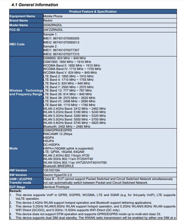 Redmi smartphone with FCC certification