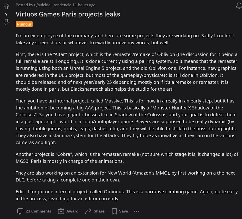 Insider: The Elder Scrolls IV Oblivion remake is in development. Virtuos Games - the author of Metal Gear Solid Δ: Snake Eater, is working on the game update-2