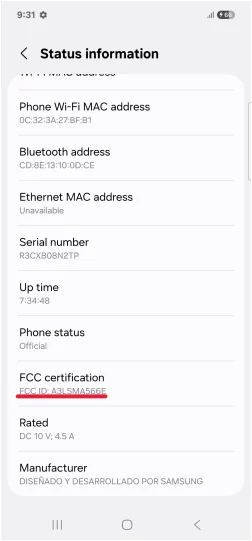 Screenshot of Galaxy A56 smartphone information from FCC database