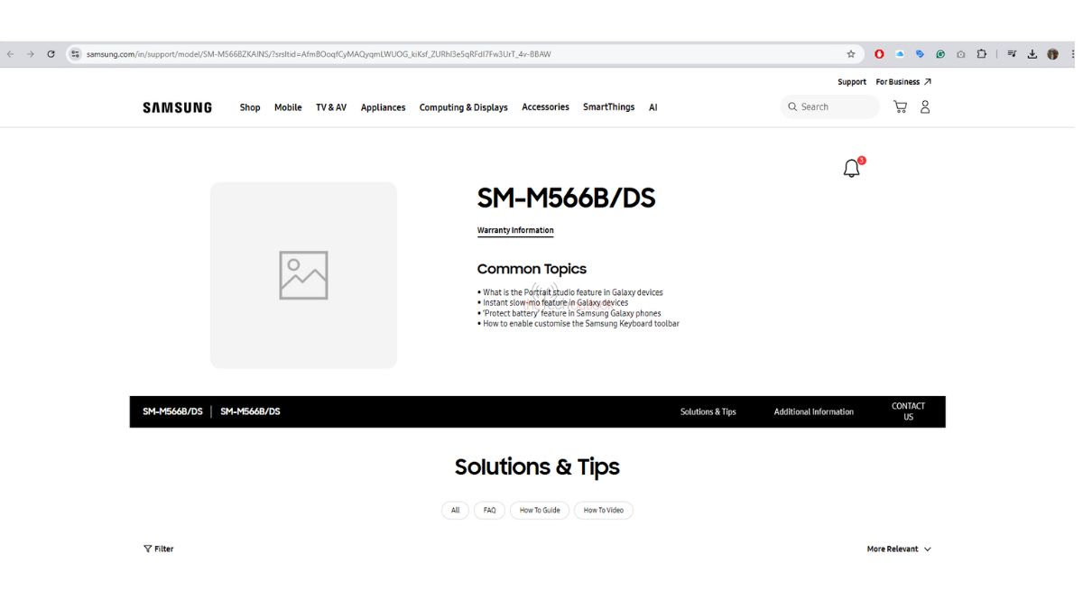 Samsung Galaxy M56 support page in India