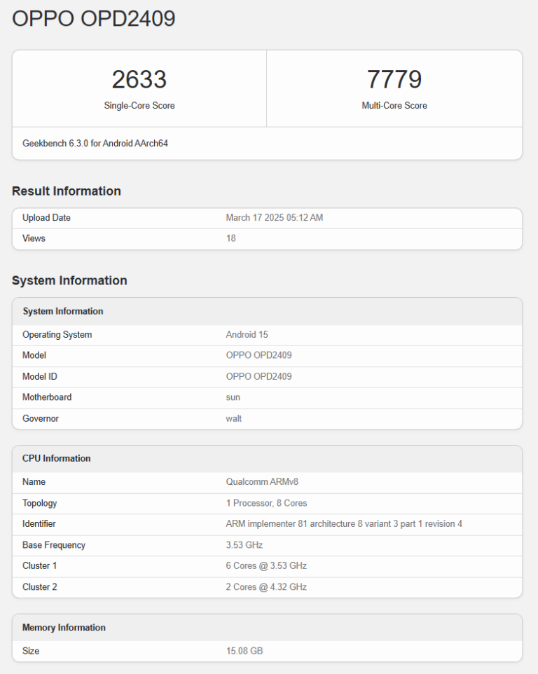 Specifications of OnePlus Pad 2 Pro on Geekbench