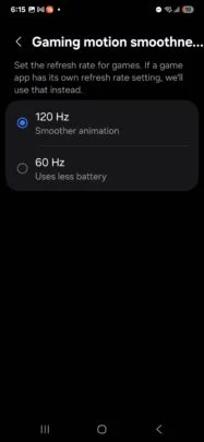 Une autre capture d'écran de Game Booster avec le Galaxy S25