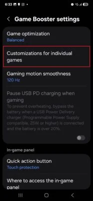 Capture d'écran de Game Booster avec Galaxy S25