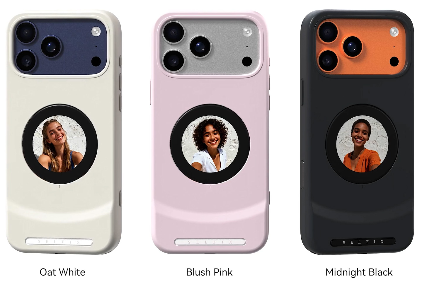 Coque Selfix en trois couleurs : Blanc Avoine, Rose Blush, Noir Minuit