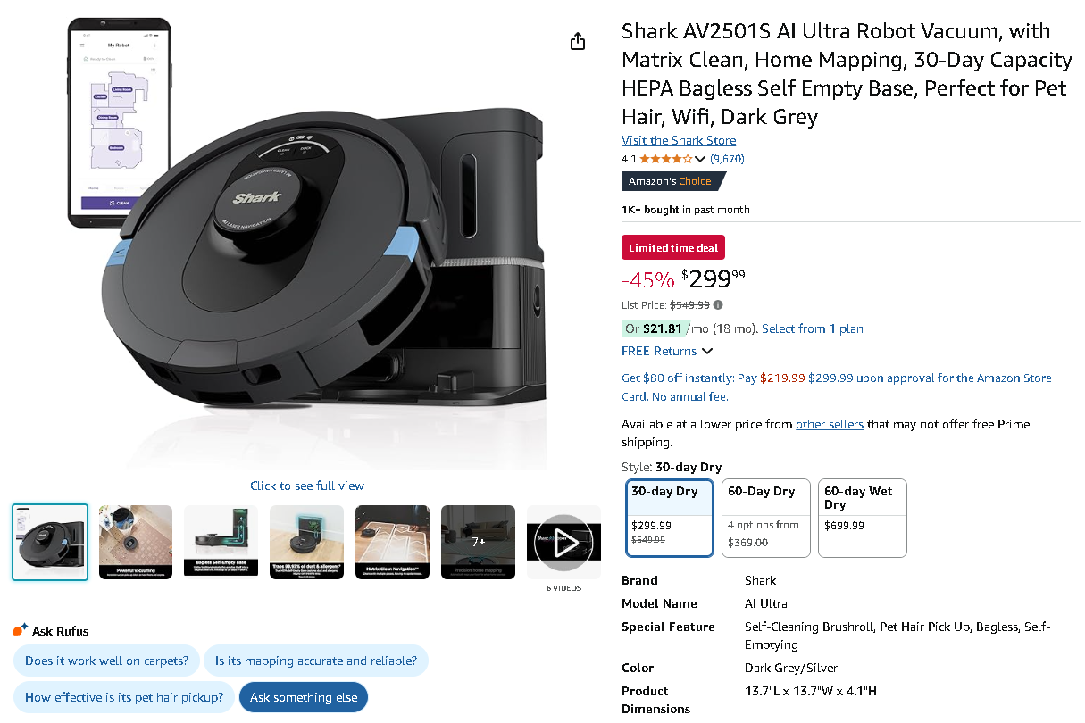 Screenshot of the Shark AV2501S robot vacuum