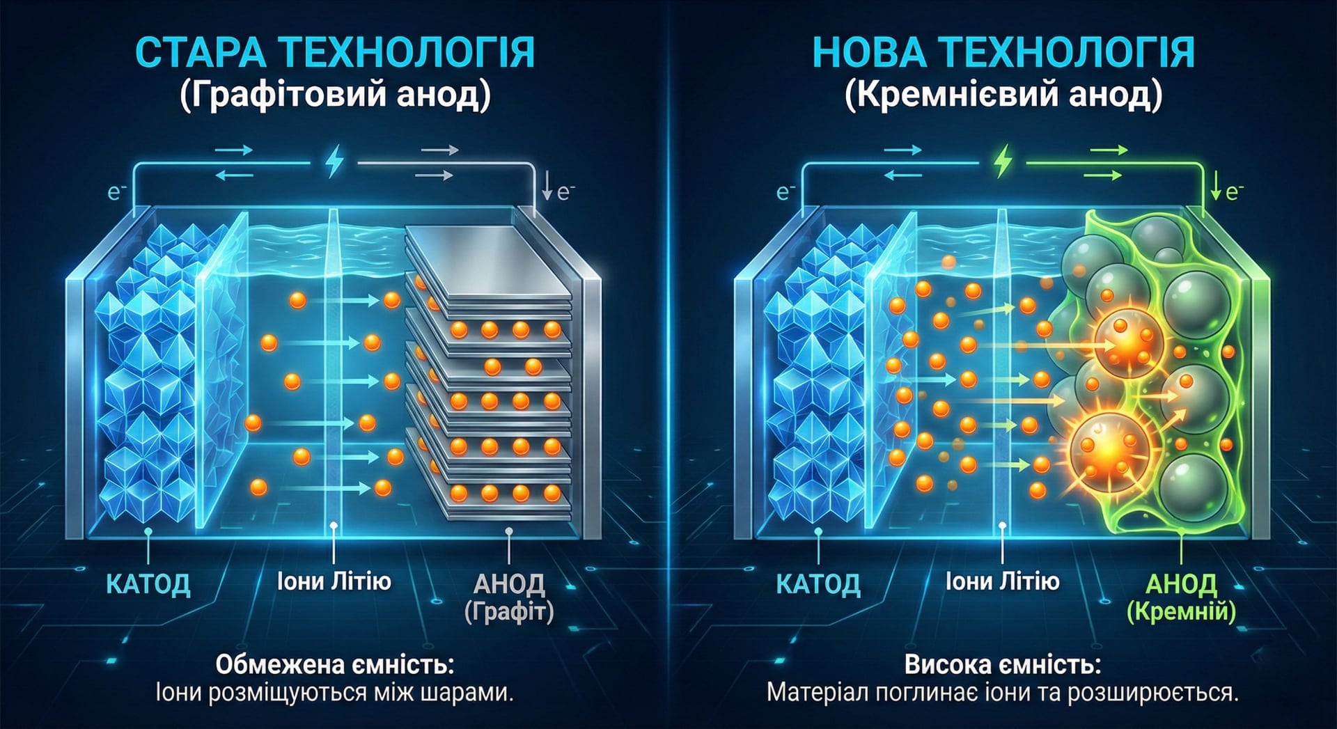 Схема сравнения принципов работы литиево-ионной и кремниево-углеродной батарей