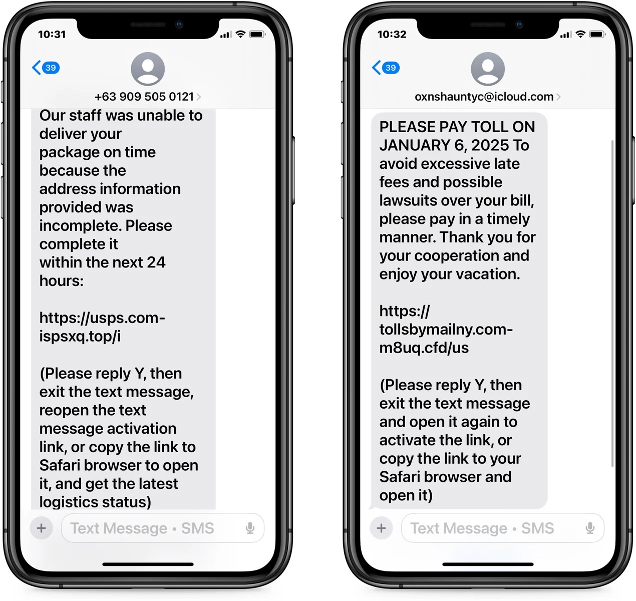 An example of a phishing attack in iMessage