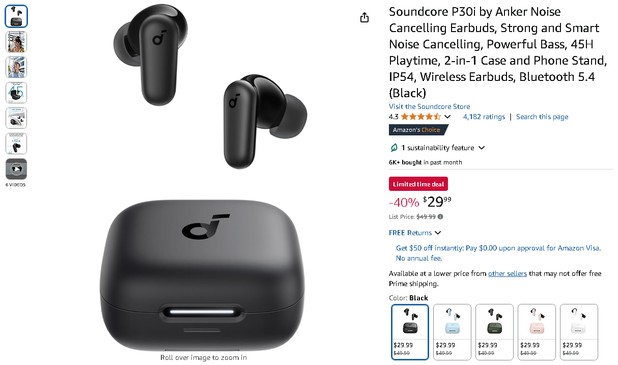 Screenshot of the Soundcore P30i earbuds. Source: Amazon