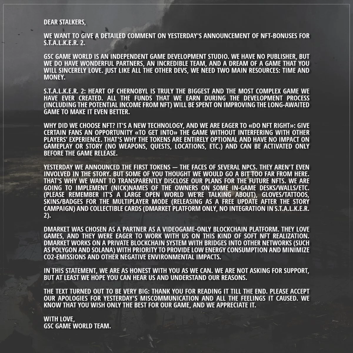 Les développeurs S.T.A.L.K.E.R. 2: Heart of Chernobyl a abandonné l'idée d'introduire NFT en raison de l'indignation des joueurs