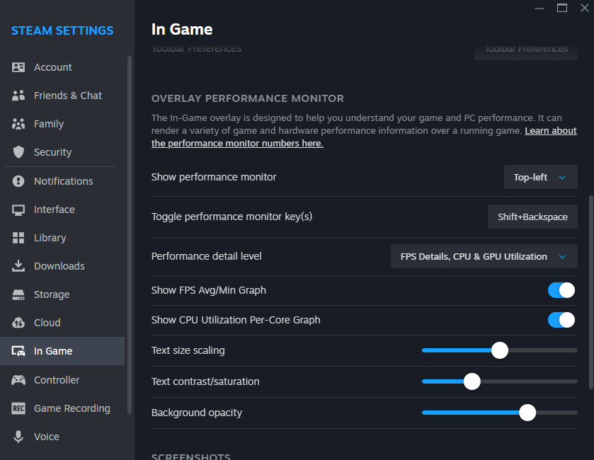 Performance Monitor interface settings. Illustration: Steam