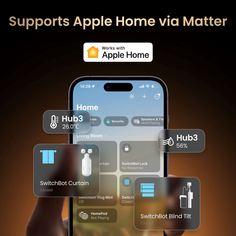 SwitchBot Hub 3 на тлі пристрою Apple Home
