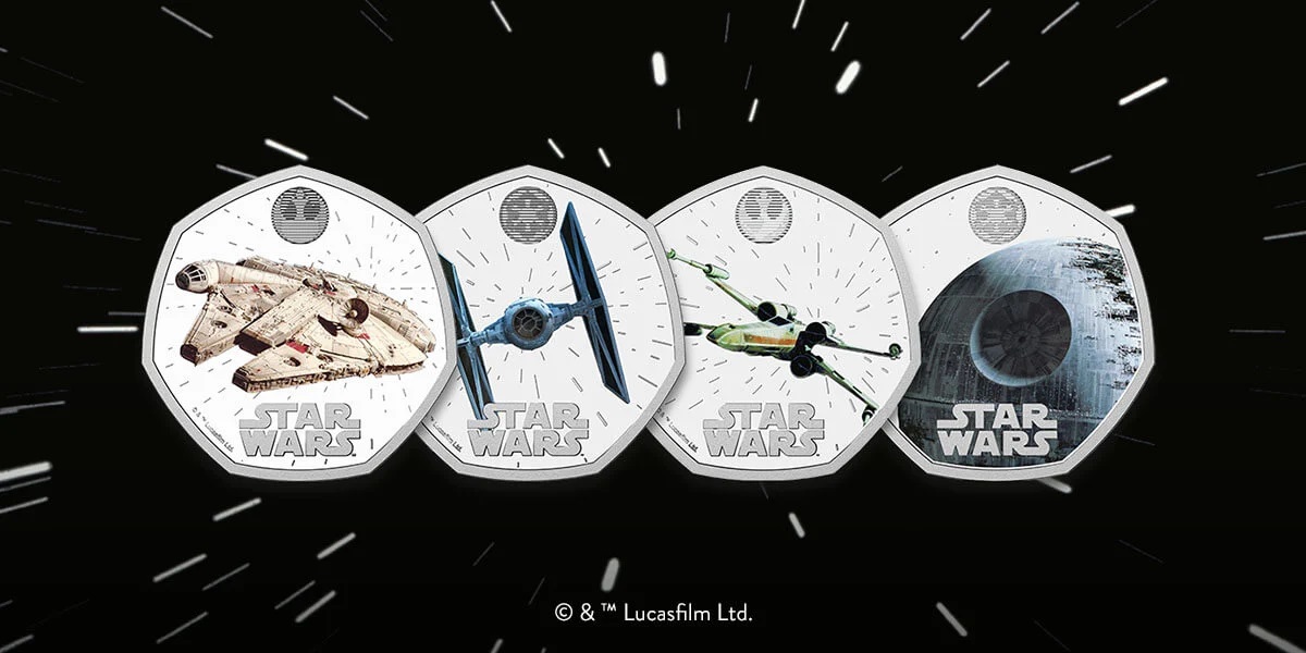 The UK Mint has released a numismatic collection featuring three iconic spaceships and the Death Star from Star Wars