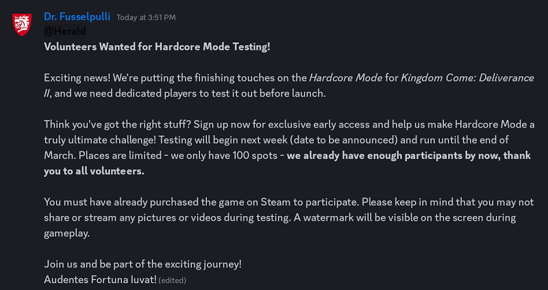 Adresse de Warhorse Studios dans Discord