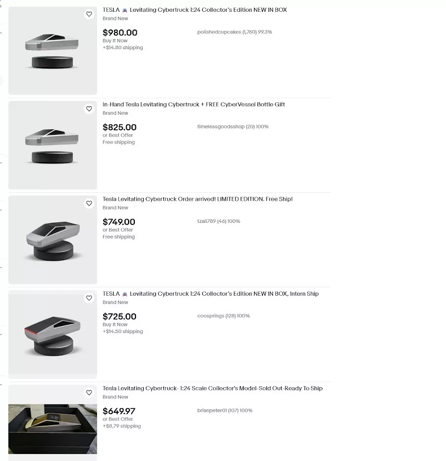 A screenshot of the adverts for the miniature Tesla Cybertruck for sale
