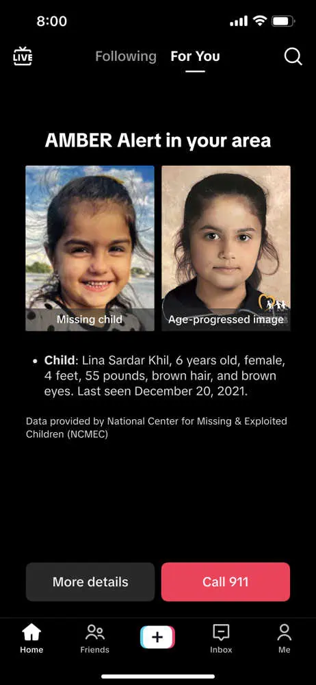 Announcing a missing child in TikTok through AMBER Alerts system