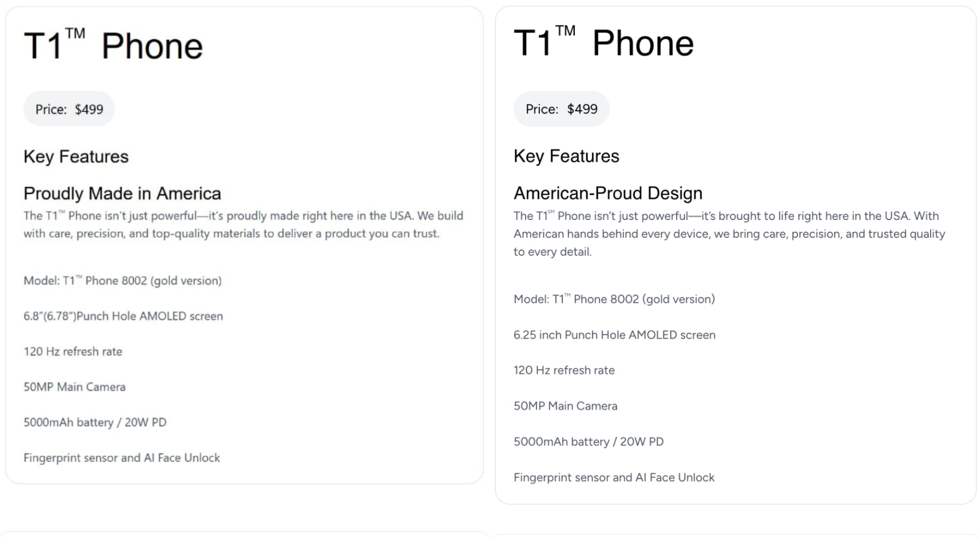Old and updated description of the T1 Phone smartphone