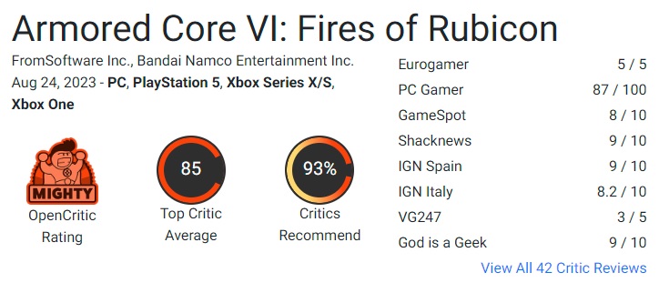 Armored Core VI: Fires of Rubicon action game receives high marks from critics. Fans of the franchise will be delighted with FromSoftware's new game-2