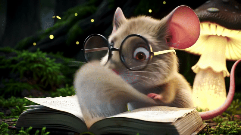 Mouse reading a book in a forest hole