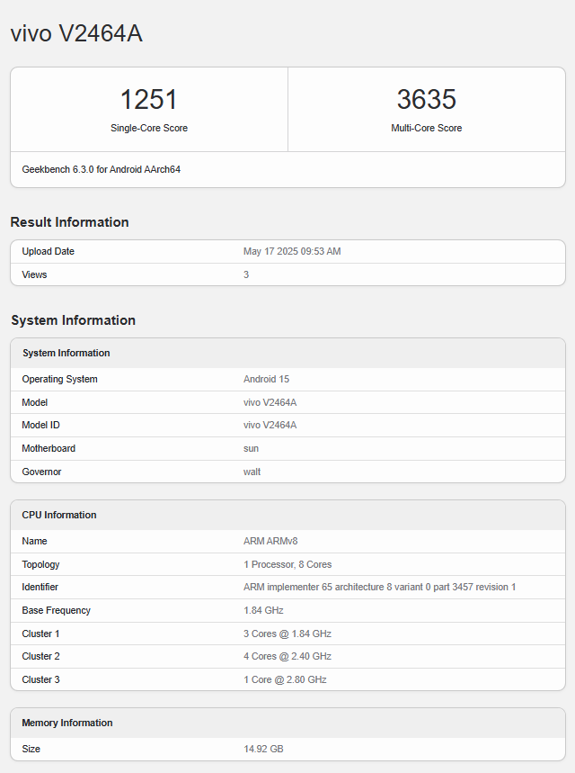 Test de Vivo S30 sur Geekbench
