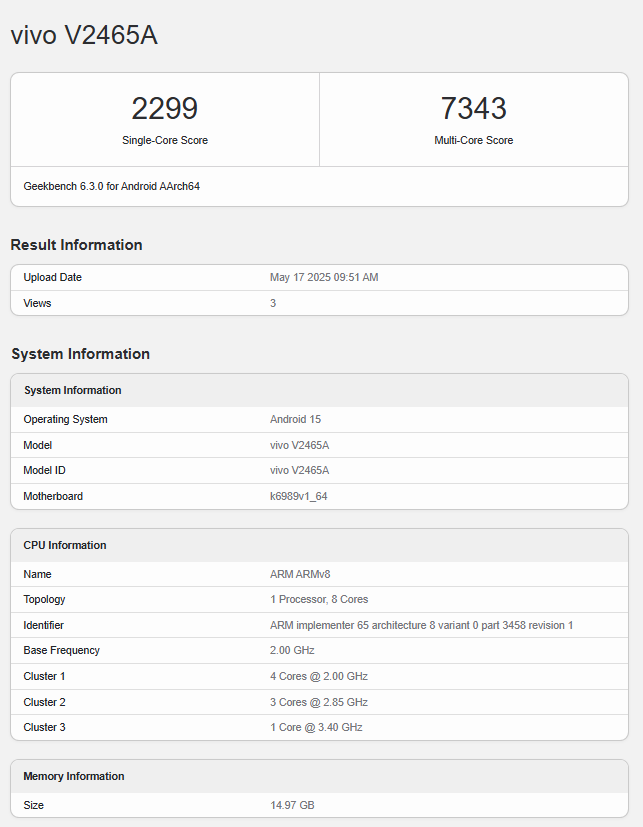 Test de Vivo S30 Pro Mini sur Geekbench