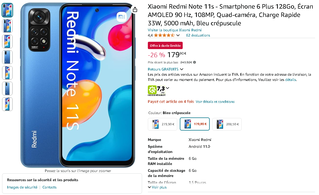 Image du Xiaomi Redmi Note 11S sur Amazon