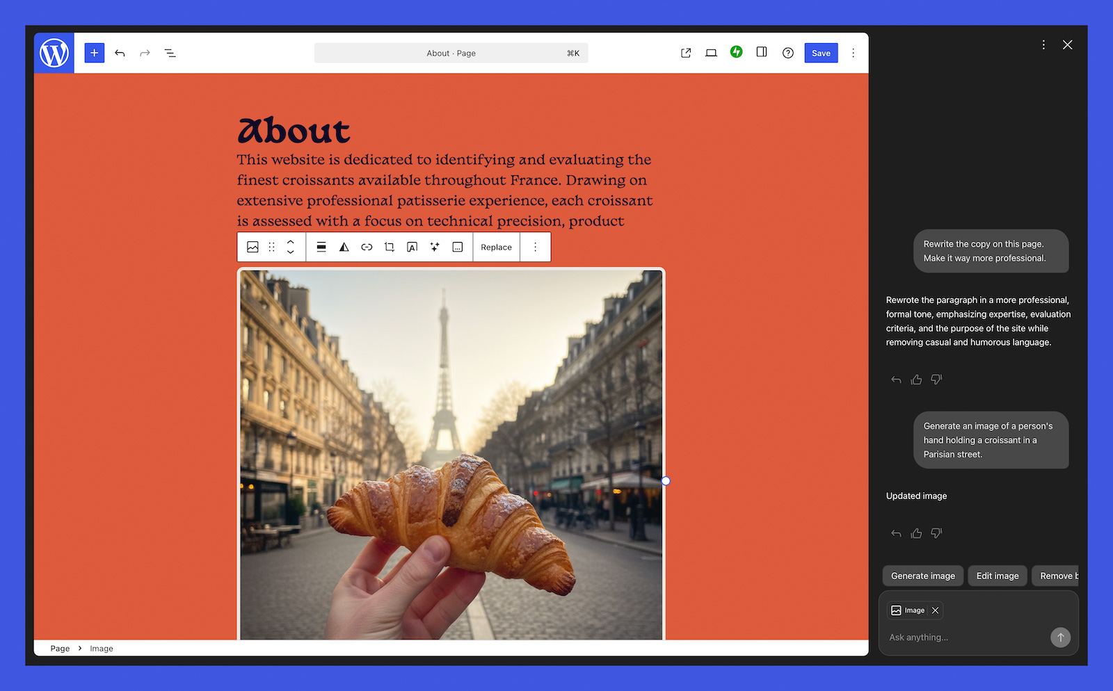 Image de l'éditeur de page WordPress AI Assistant