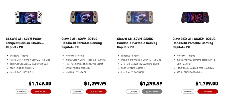 MSI Claw 8 EX AI+ : console portable propulsée par l'Intel Arc G3 Extreme avec 32 Go de RAM et un écran 8 pouces 120 Hz.