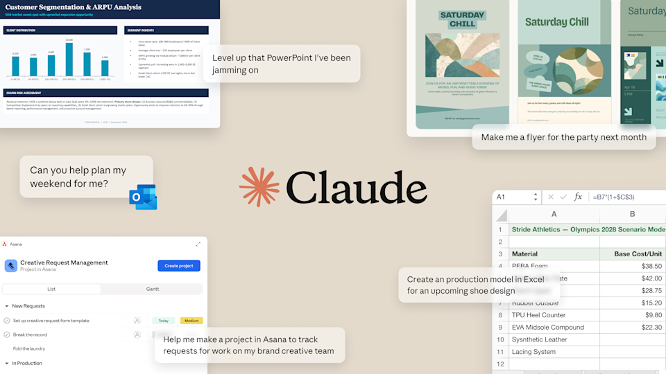 Illustration with Claude's logo and examples of using AI for office tasks