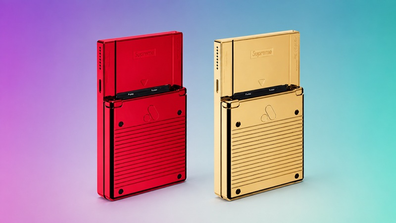 The Supreme Analogue Pocket in 24K gold and glossy red aluminum — part of the FW26 collection.