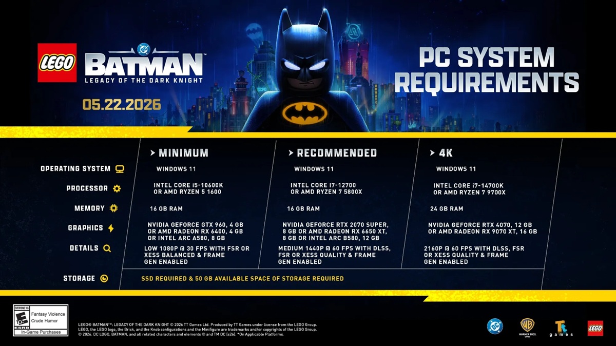 Configurations requises pour LEGO Batman : Legacy of the Dark Knight — de la GTX 960 à la RTX 4070 selon la résolution visée.