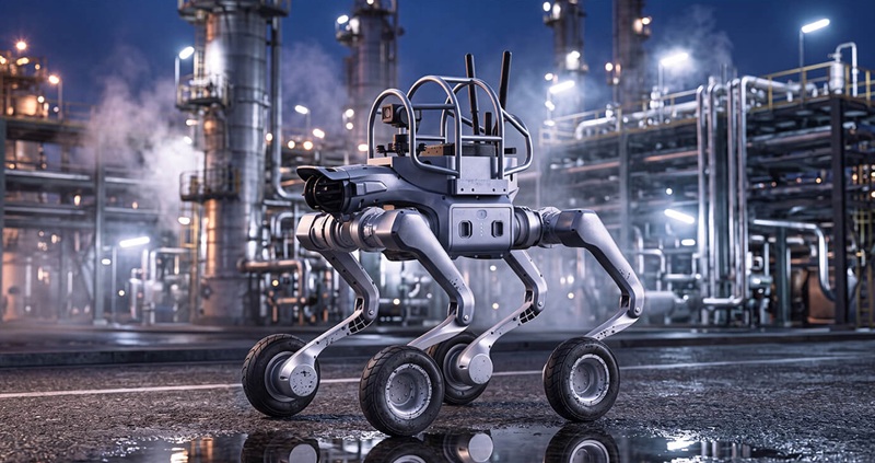 The AS2-W uses articulated wheel-legs to navigate slopes, stairs, and rough terrain at up to 6 m/s.