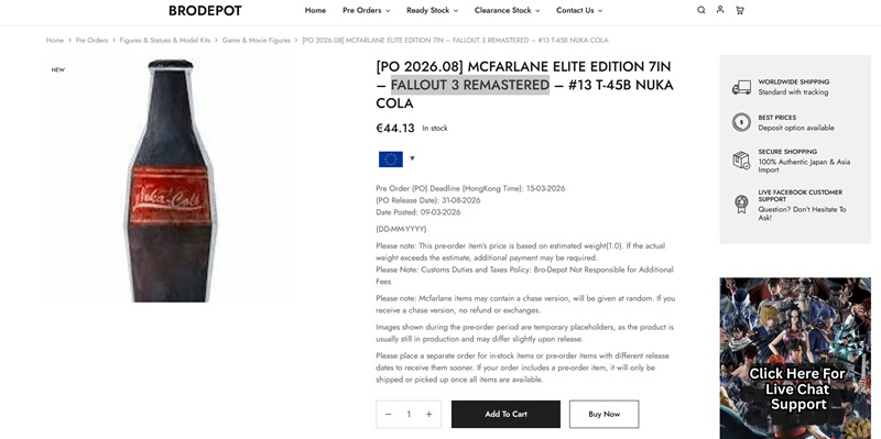Screenshot of the removed page with Nuka Cola merch for Fallout 3 Remastered